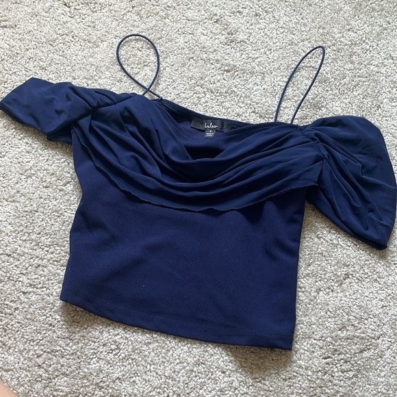 Lulu’s Navy Blue Mesh off-Shoulder Cowl Top NWOT - Picture 6 of 7